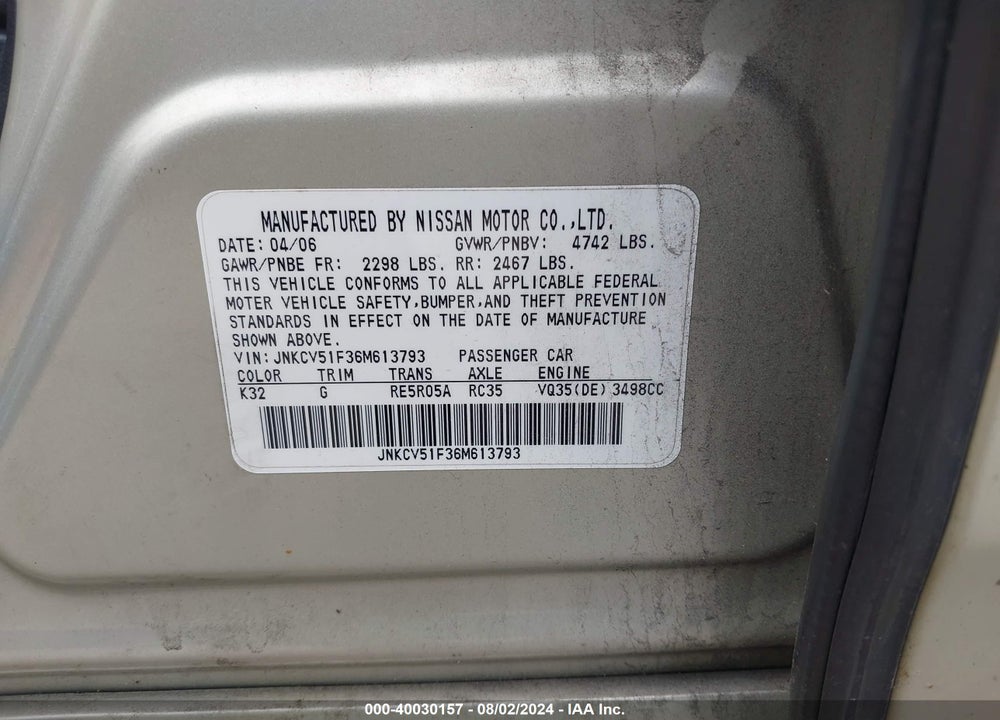 2006 INFINITI G35X VIN: JNKCV51F36M613793