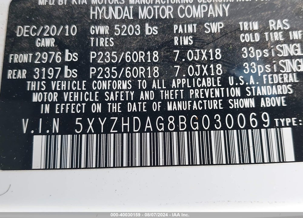 2011 HYUNDAI SANTA FE SE VIN: 5XYZHDAG8BG030069