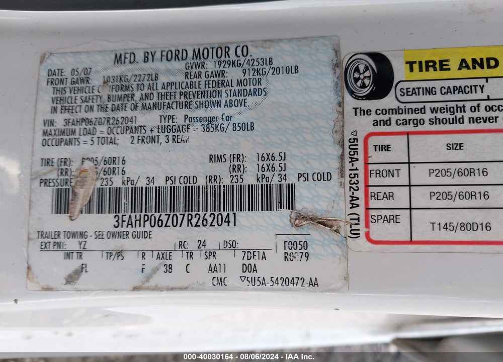 2007 FORD FUSION S VIN: 3FAHP06Z07R262041
