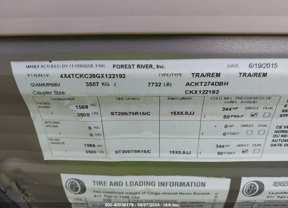 2016 FOREST RIVER CHEROKEE LTD VIN: 4X4TCKC26GX122192