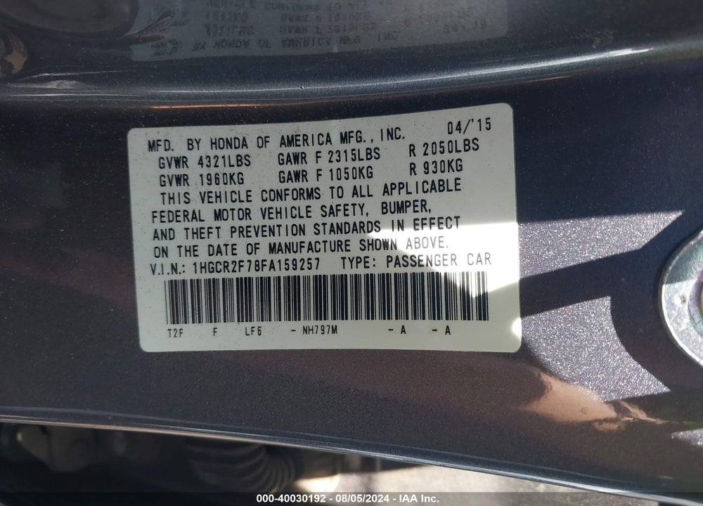 2015 HONDA ACCORD EX VIN: 1HGCR2F78FA159257