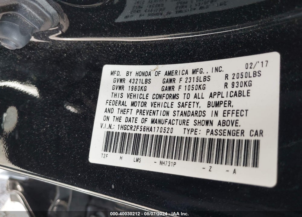 2017 HONDA ACCORD VIN: 1HGCR2F56HA170520