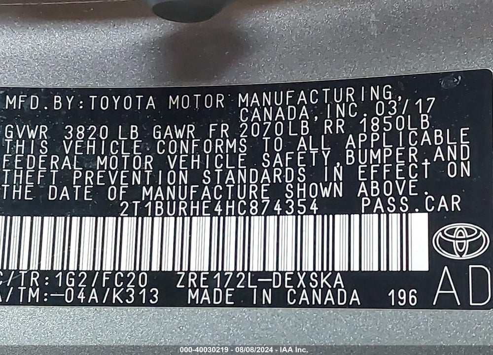 2017 TOYOTA COROLLA SE VIN: 2T1BURHE4HC874354
