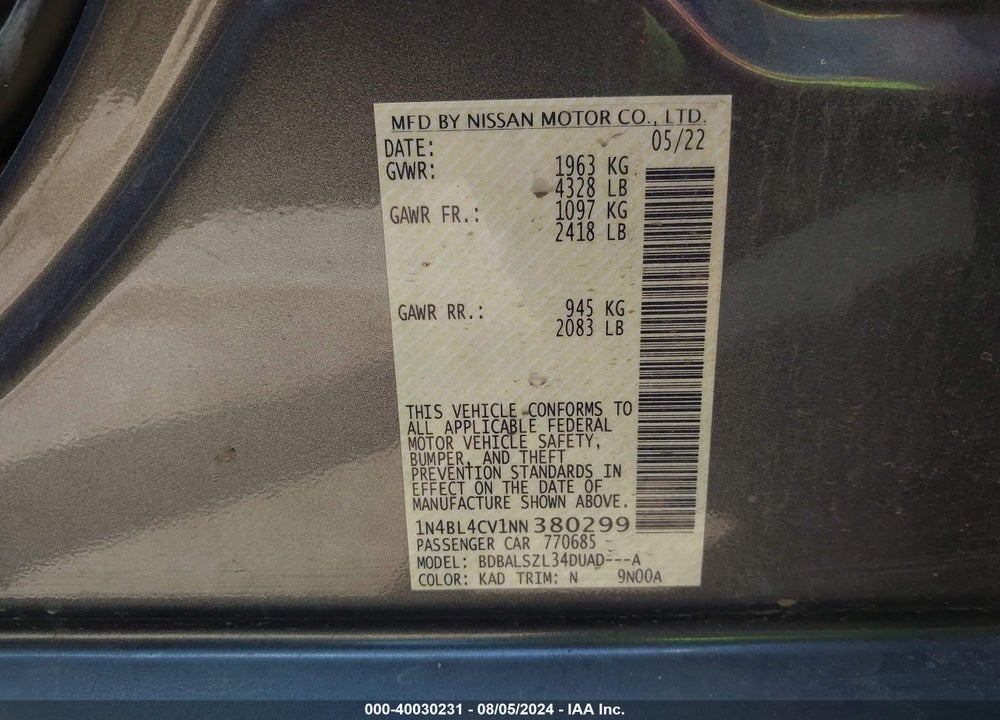 2022 NISSAN ALTIMA SR FWD VIN: 1N4BL4CV1NN380299