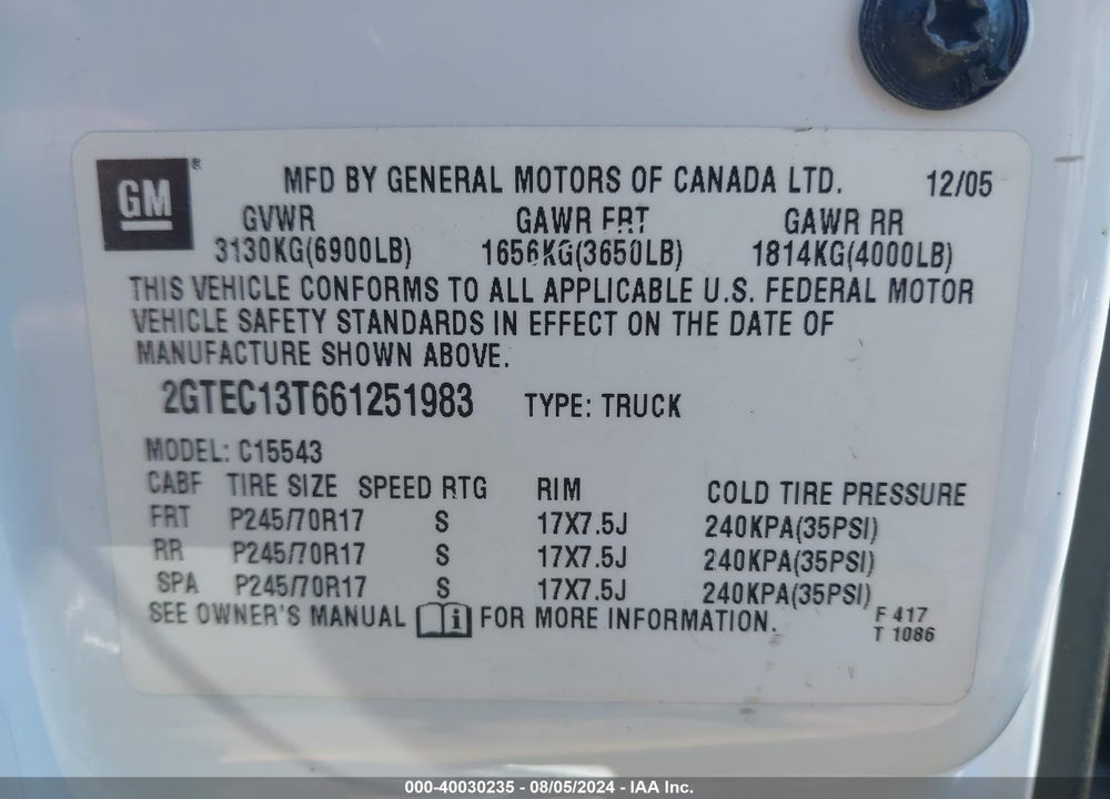 2006 GMC SIERRA 1500 SLE2 VIN: 2GTEC13T661251983