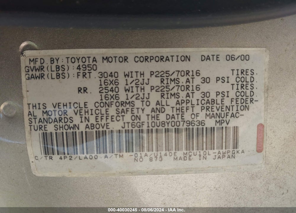 2000 LEXUS RX 300 VIN: JT6GF10U8Y0079636