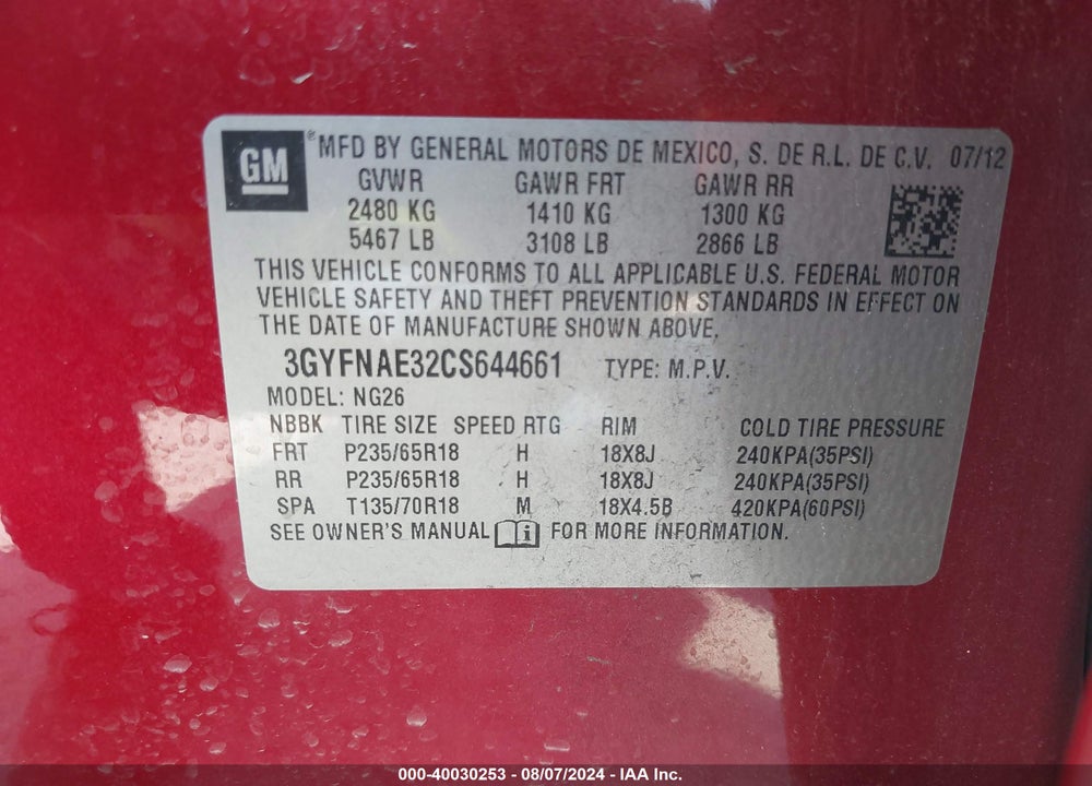 2012 CADILLAC SRX LUXURY COLLECTION VIN: 3GYFNAE32CS644661
