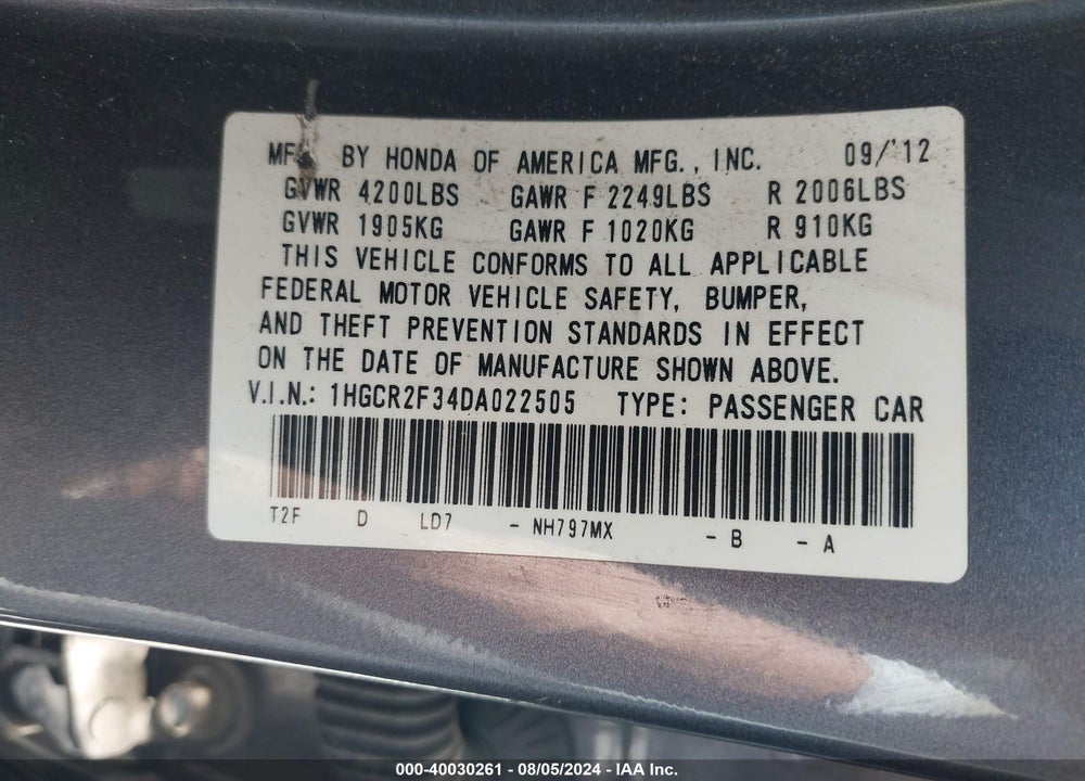 2013 HONDA ACCORD LX VIN: 1HGCR2F34DA022505