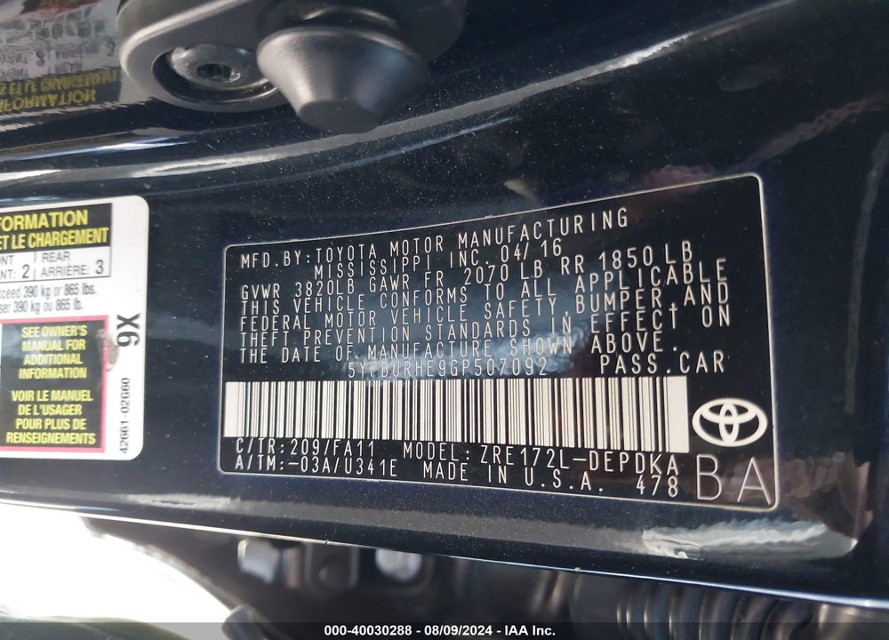 2016 TOYOTA COROLLA L VIN: 5YFBURHE9GP507092