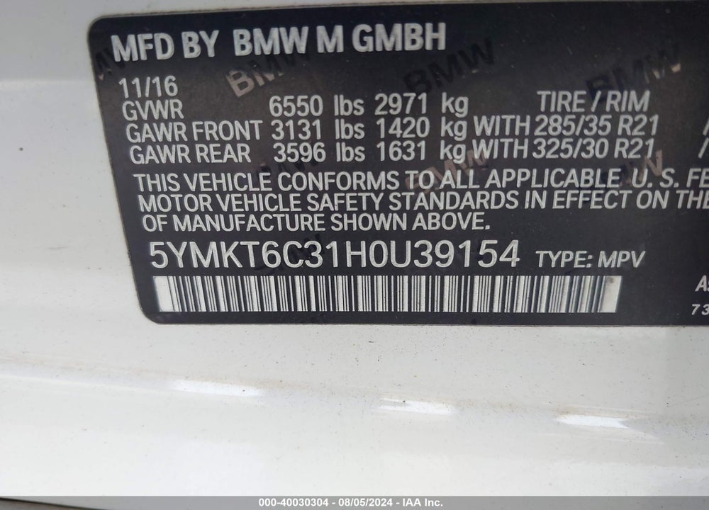 2017 BMW X5 M VIN: 5YMKT6C31H0U39154
