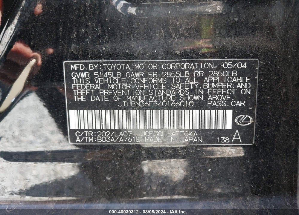 2004 LEXUS LS 430 VIN: JTHBN36F340166010