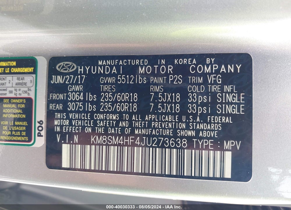 2018 HYUNDAI SANTA FE SE VIN: KM8SM4HF4JU273638