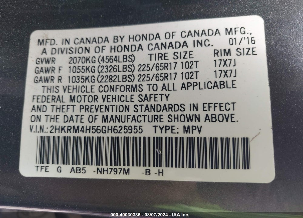 2016 HONDA CR-V EX VIN: 2HKRM4H56GH625955
