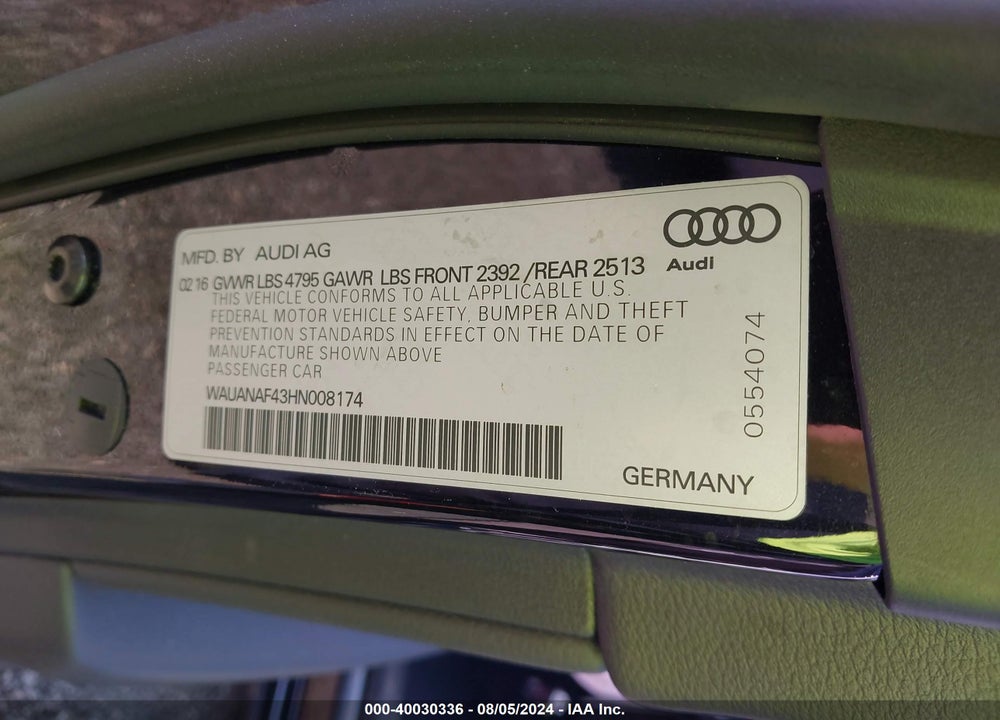 2017 AUDI A4 2.0T PREMIUM VIN: WAUANAF43HN008174