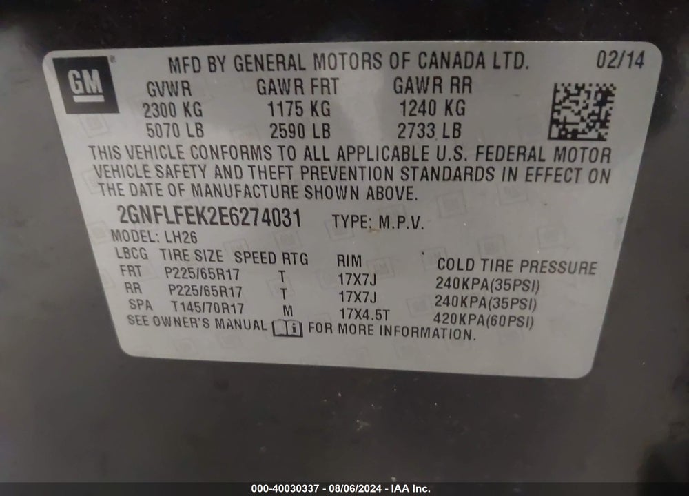 2014 CHEVROLET EQUINOX 1LT VIN: 2GNFLFEK2E6274031