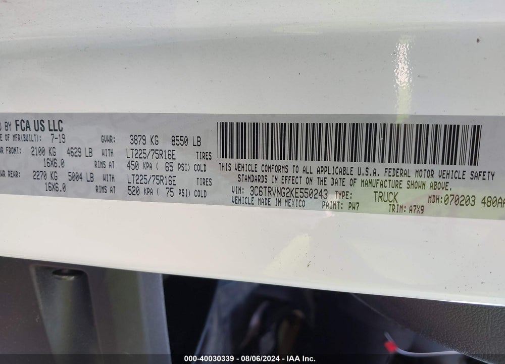 2019 RAM PROMASTER 1500 LOW ROOF 118 WB VIN: 3C6TRVNG2KE550243
