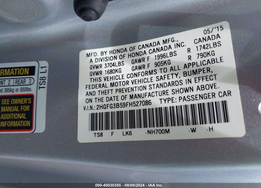 2015 HONDA CIVIC LX VIN: 2HGFG3B59FH527086