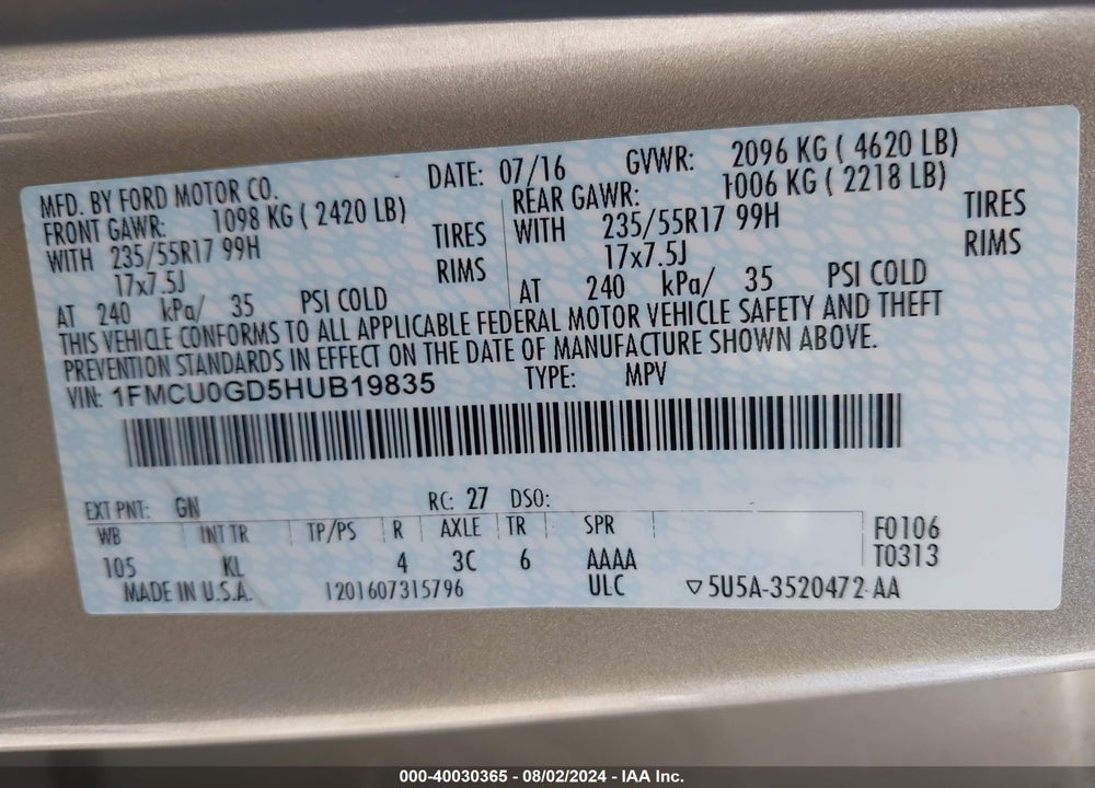 2017 FORD ESCAPE SE VIN: 1FMCU0GD5HUB19835