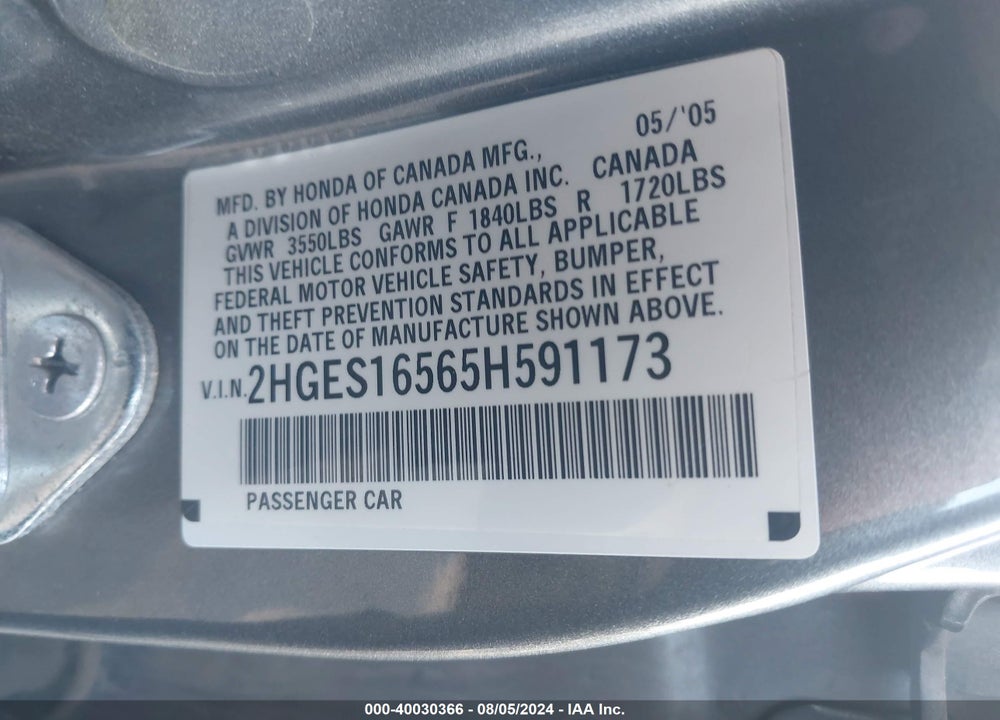 2005 HONDA CIVIC LX VIN: 2HGES16565H591173