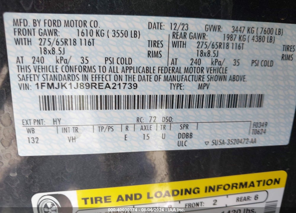2024 FORD EXPEDITION XLT MAX VIN: 1FMJK1J89REA21739