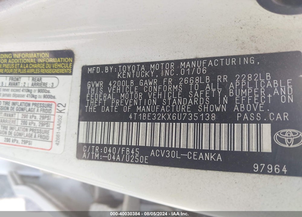 2006 TOYOTA CAMRY LE/SE/STD/XLE VIN: 4T1BE32KX6U735138