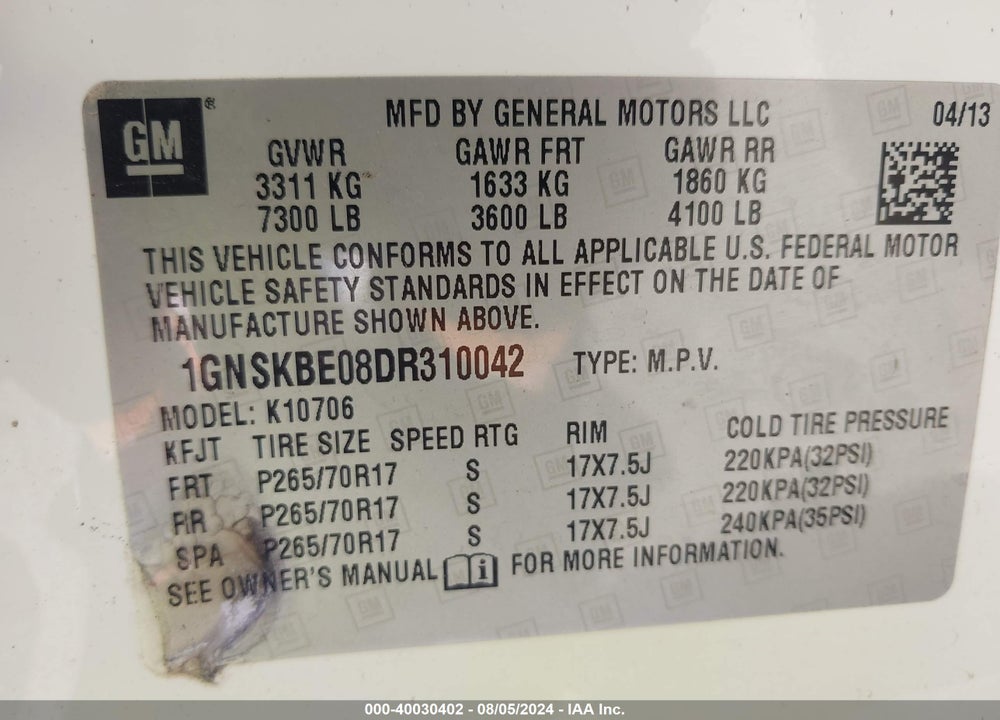 2013 CHEVROLET TAHOE LT VIN: 1GNSKBE08DR310042