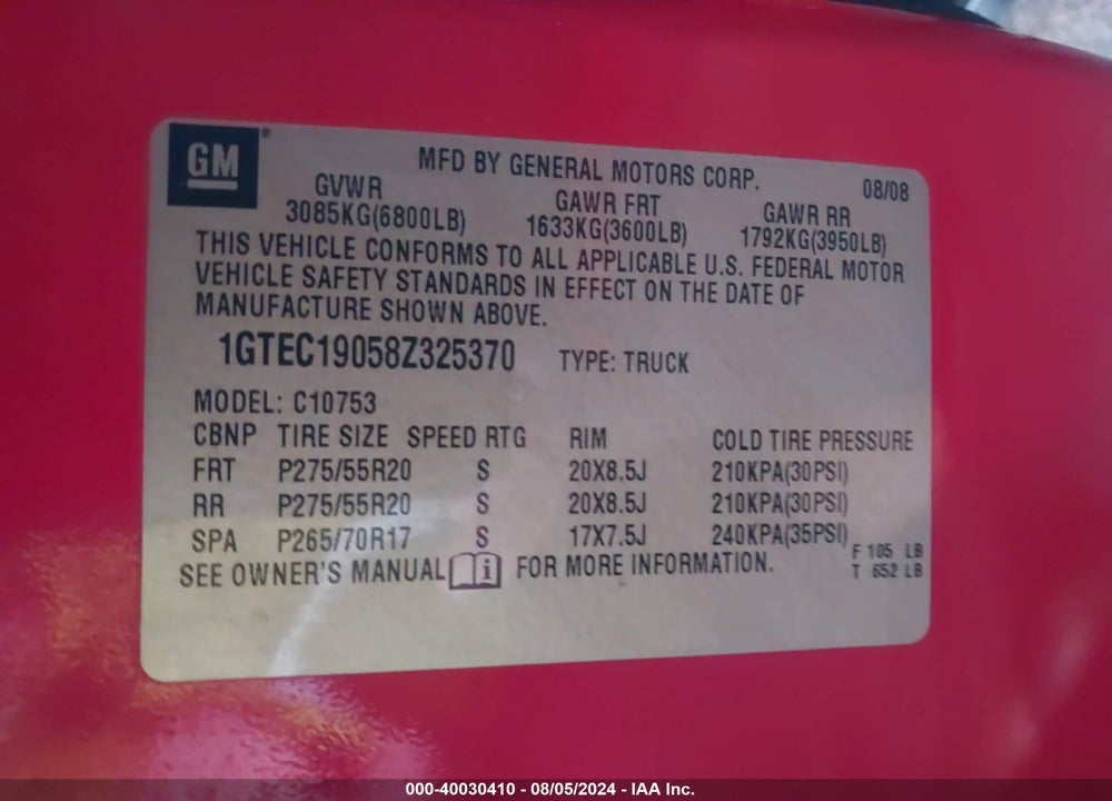 2008 GMC SIERRA 1500 SLE1 VIN: 1GTEC19058Z325370
