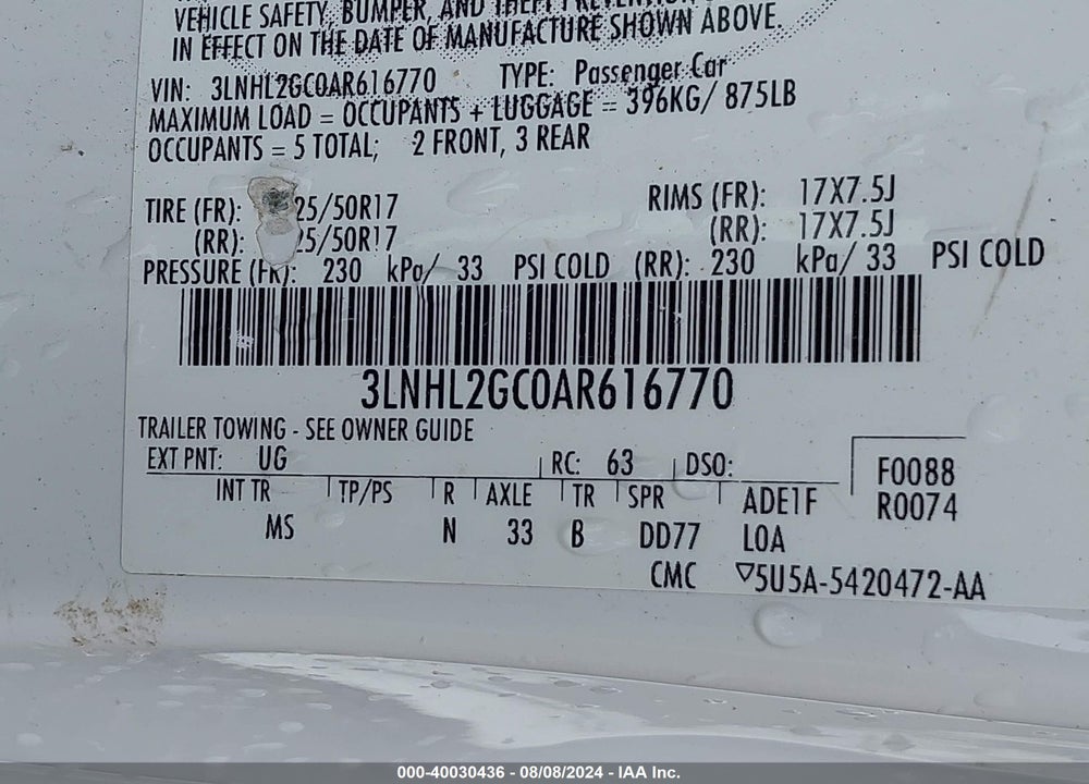 2010 LINCOLN MKZ VIN: 3LNHL2GC0AR616770