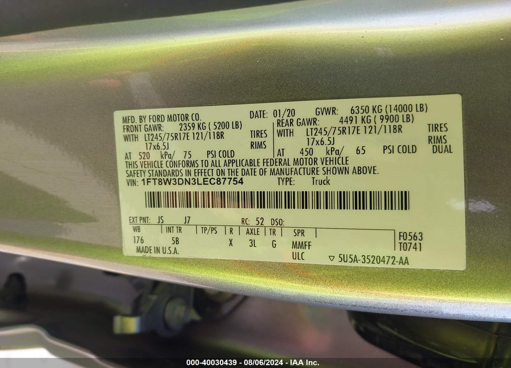 2020 FORD F-350 LARIAT VIN: 1FT8W3DN3LEC87754