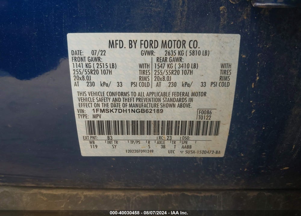 2022 FORD EXPLORER XLT VIN: 1FMSK7DH1NGB62189