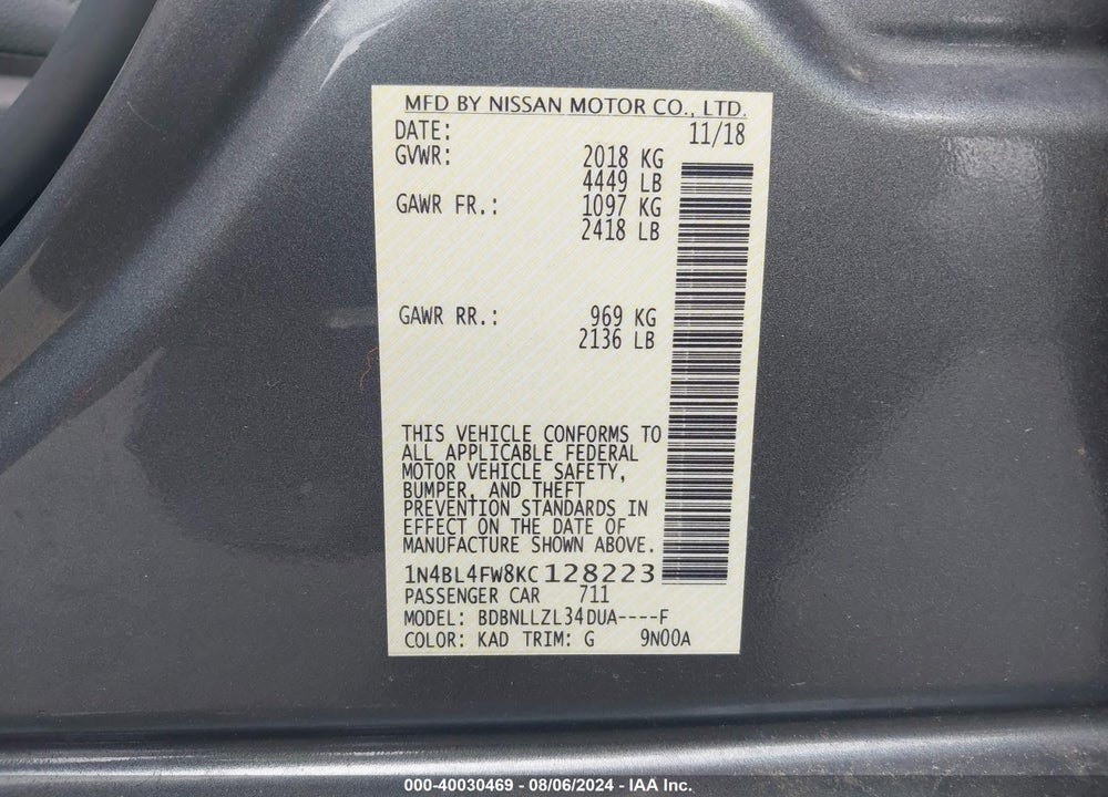 2019 NISSAN ALTIMA 2.5 PLATINUM VIN: 1N4BL4FW8KC128223