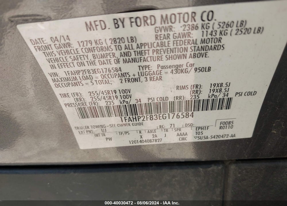 2014 FORD TAURUS LIMITED VIN: 1FAHP2F83EG176584