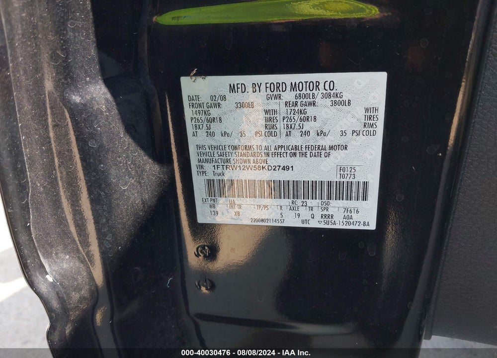 2008 FORD F-150 VIN: 1FTRW12W58KD27491