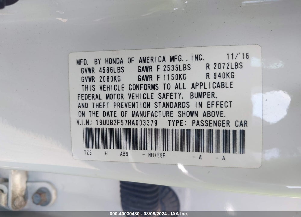 2017 ACURA TLX TECHNOLOGY PACKAGE VIN: 19UUB2F57HA003379