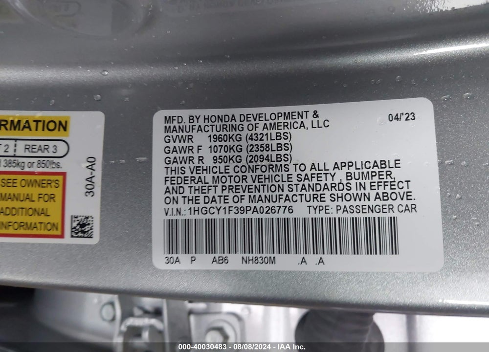 2023 HONDA ACCORD EX VIN: 1HGCY1F39PA026776