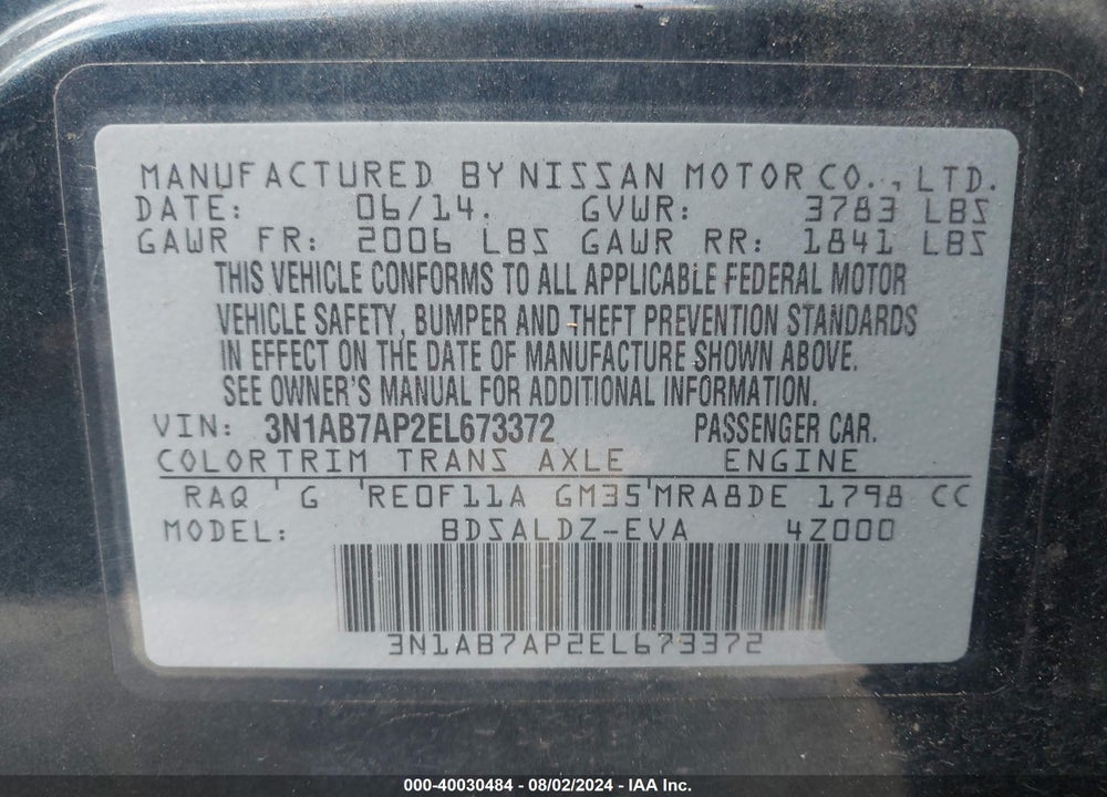 2014 NISSAN SENTRA FE+ S/FE+ SV/S/SL/SR/SV VIN: 3N1AB7AP2EL673372