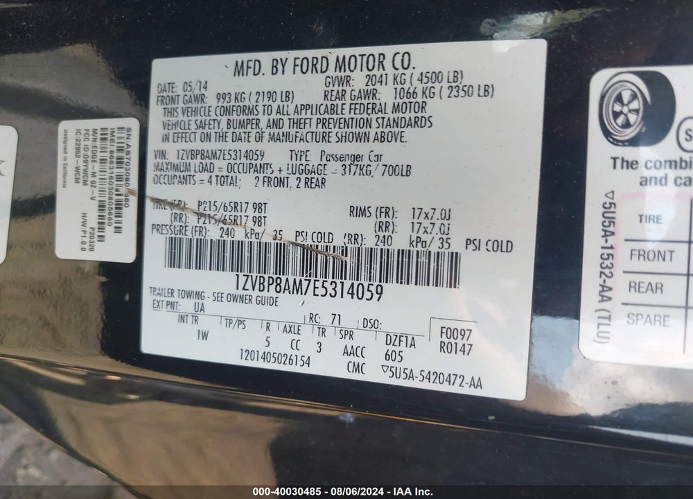 2014 FORD MUSTANG V6 VIN: 1ZVBP8AM7E5314059