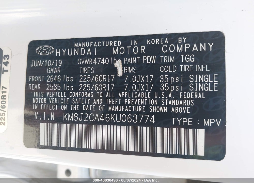 2019 HYUNDAI TUCSON SE VIN: KM8J2CA46KU063774