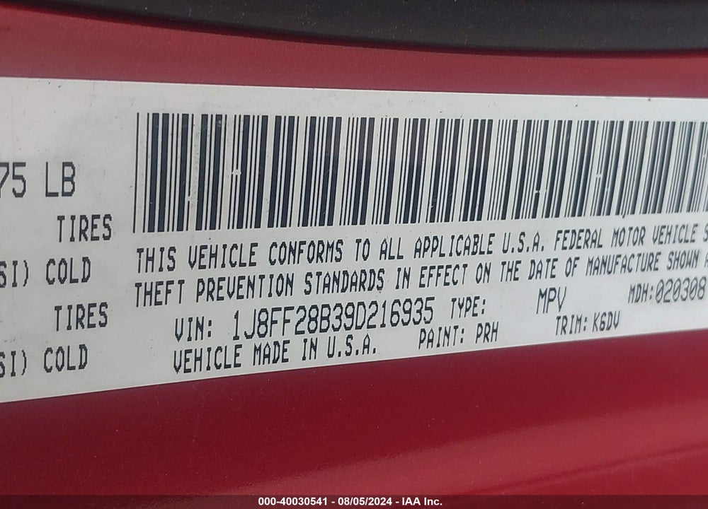 2009 JEEP PATRIOT SPORT VIN: 1J8FF28B39D216935