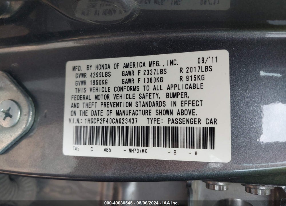 2012 HONDA ACCORD 2.4 LX-P VIN: 1HGCP2F40CA023437