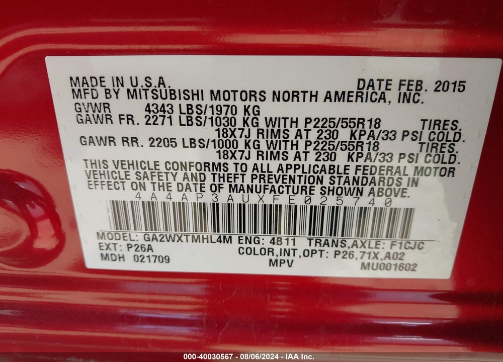 2015 MITSUBISHI OUTLANDER SPORT ES VIN: 4A4AP3AUXFE025740