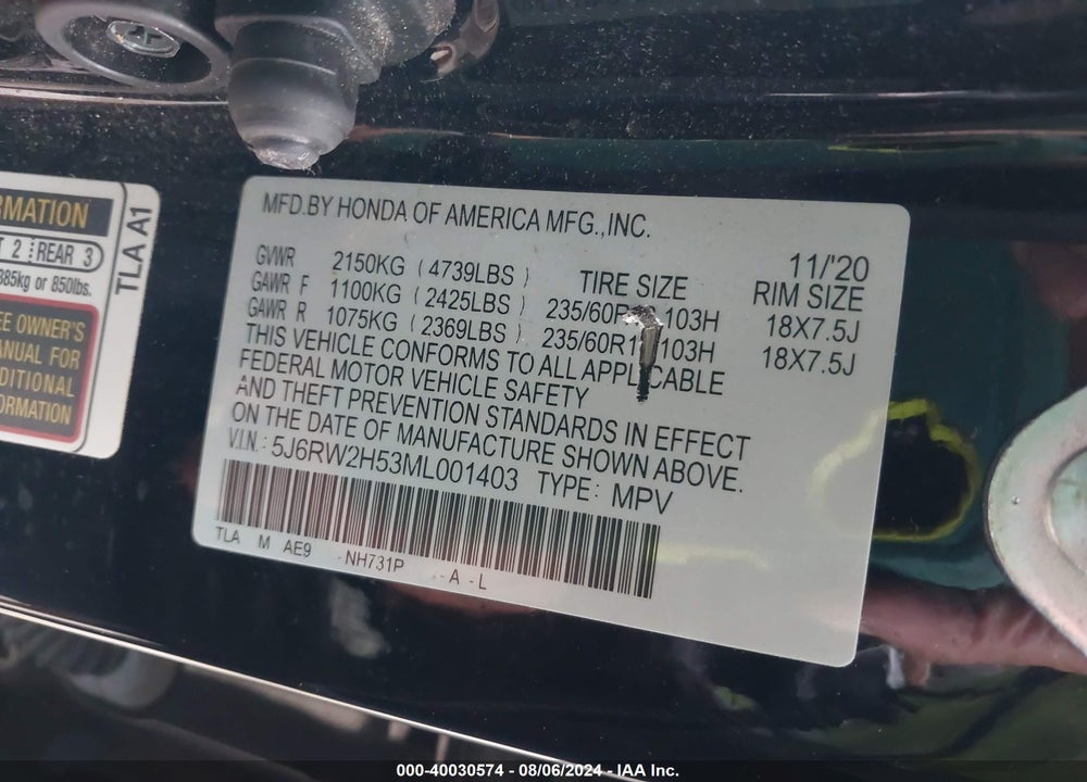 2021 HONDA CR-V AWD EX VIN: 5J6RW2H53ML001403