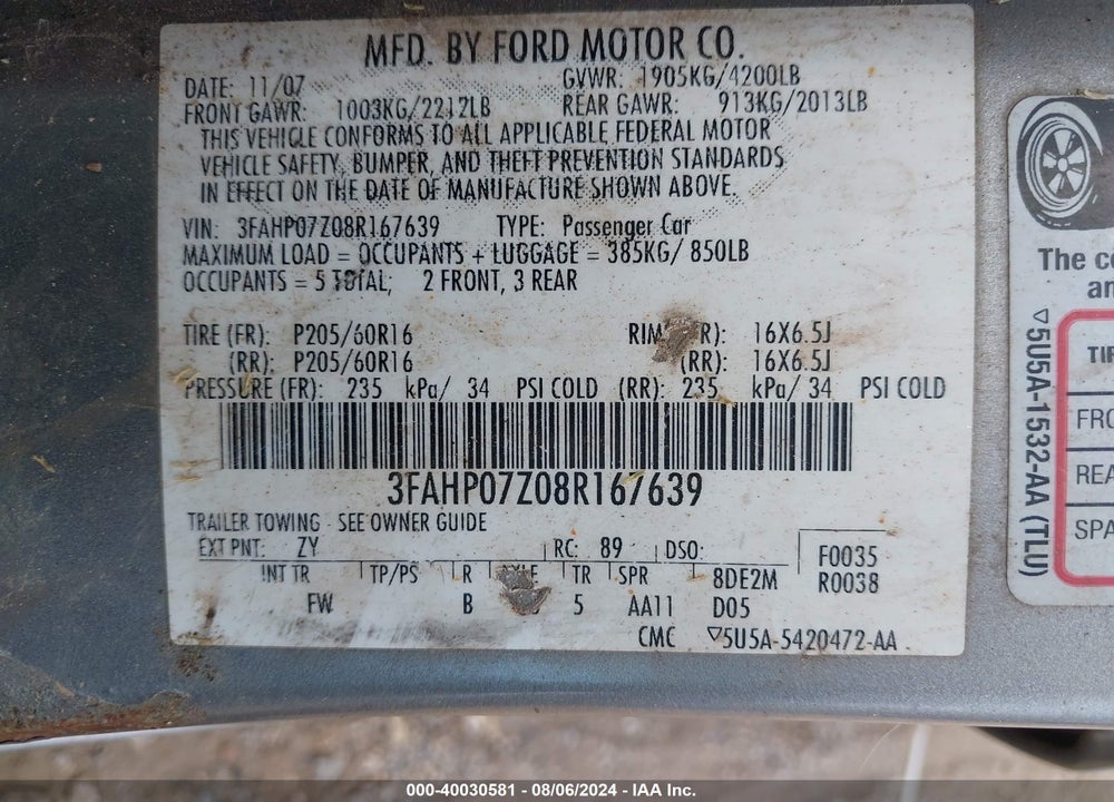 2008 FORD FUSION SE VIN: 3FAHP07Z08R167639