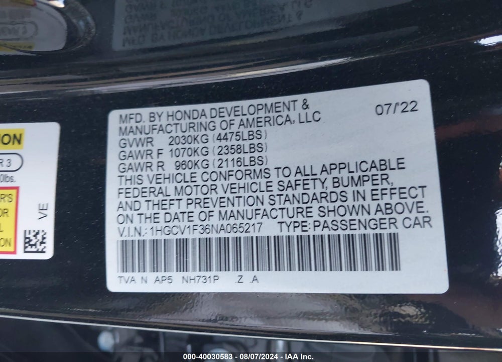 2022 HONDA ACCORD SPORT VIN: 1HGCV1F36NA065217