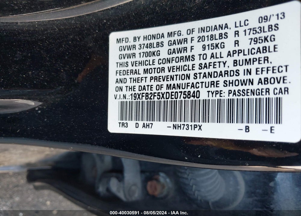 2013 HONDA CIVIC LX VIN: 19XFB2F5XDE075840