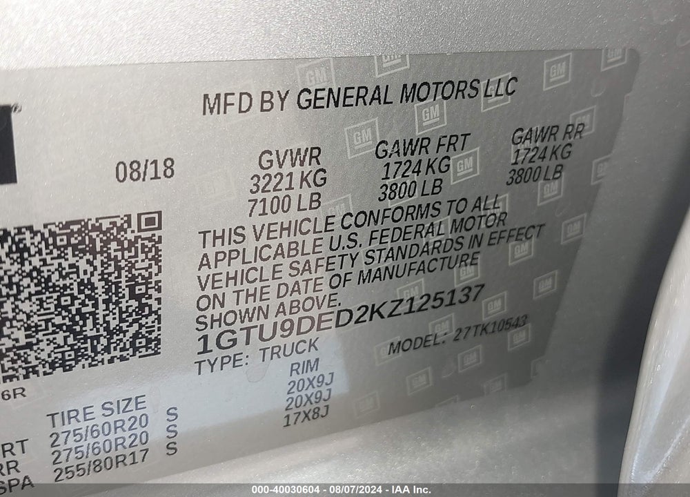 2019 GMC SIERRA 1500 VIN: 1GTU9DED2KZ125137