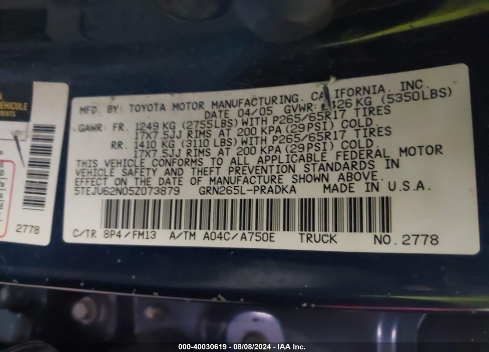 2005 TOYOTA TACOMA PRERUNNER V6 VIN: 5TEJU62N05Z073879