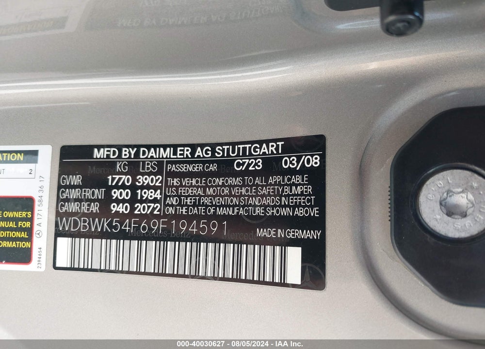 2009 MERCEDES-BENZ SLK 300 VIN: WDBWK54F69F194591