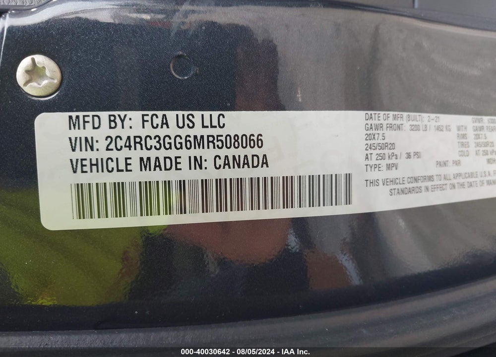 2021 CHRYSLER PACIFICA LIMITED AWD VIN: 2C4RC3GG6MR508066