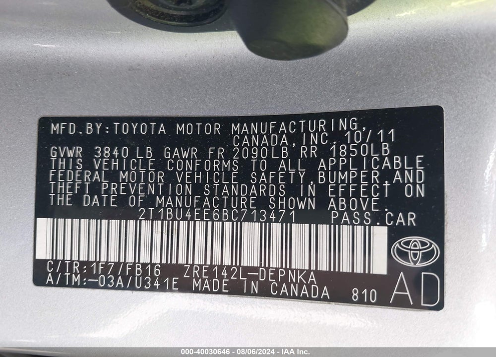 2011 TOYOTA COROLLA LE VIN: 2T1BU4EE6BC713471